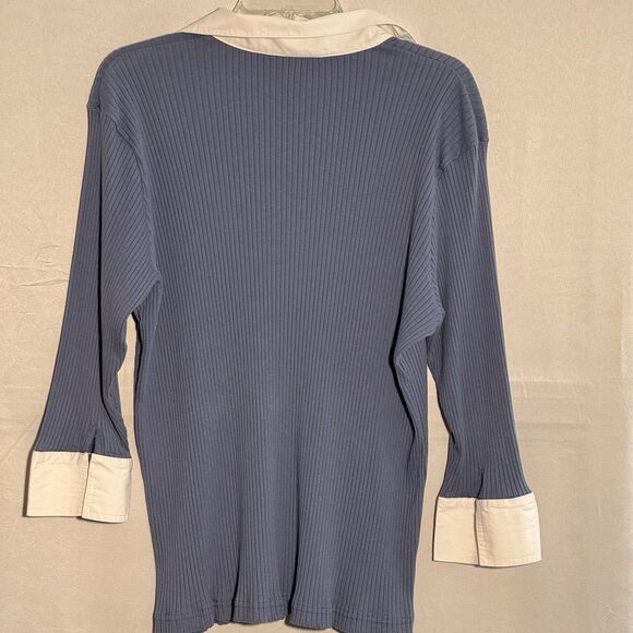 Venezia Size 22/24 Blue Ribbed Knit Top White Collar Stretch Shirt Blouse - Picture 2 of 9